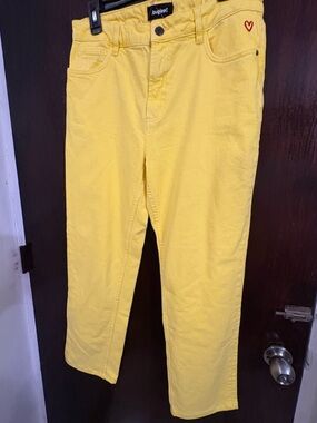 Desigual Straight-Leg Jeans in Bright Yellow with Red Heart Detail.